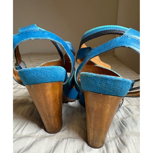 NAYA Mint Blue Black LEATHER Women Size 8 1/2 M Ankle Strap BAMBOO Heeled Sandal - Picture 8 of 9